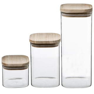 Opbevaringsglas-sæt med trælåg (firkantet)